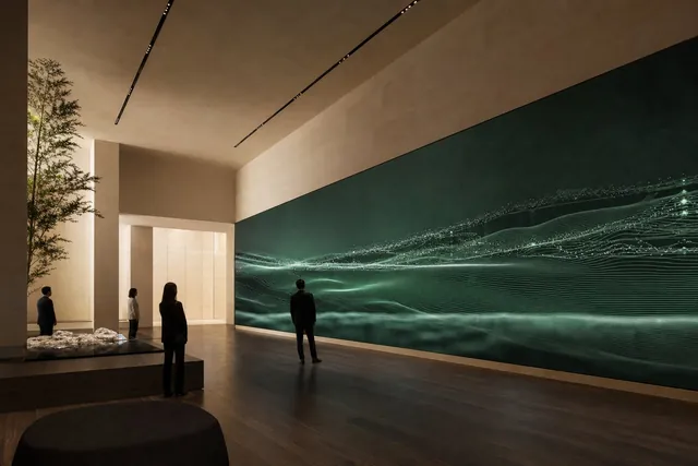 Visitors in a dark exhibition hall facing a large glowing media wall