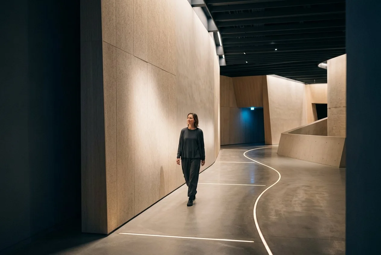 Person experiencing an immersive environment designed around human interaction and understanding.