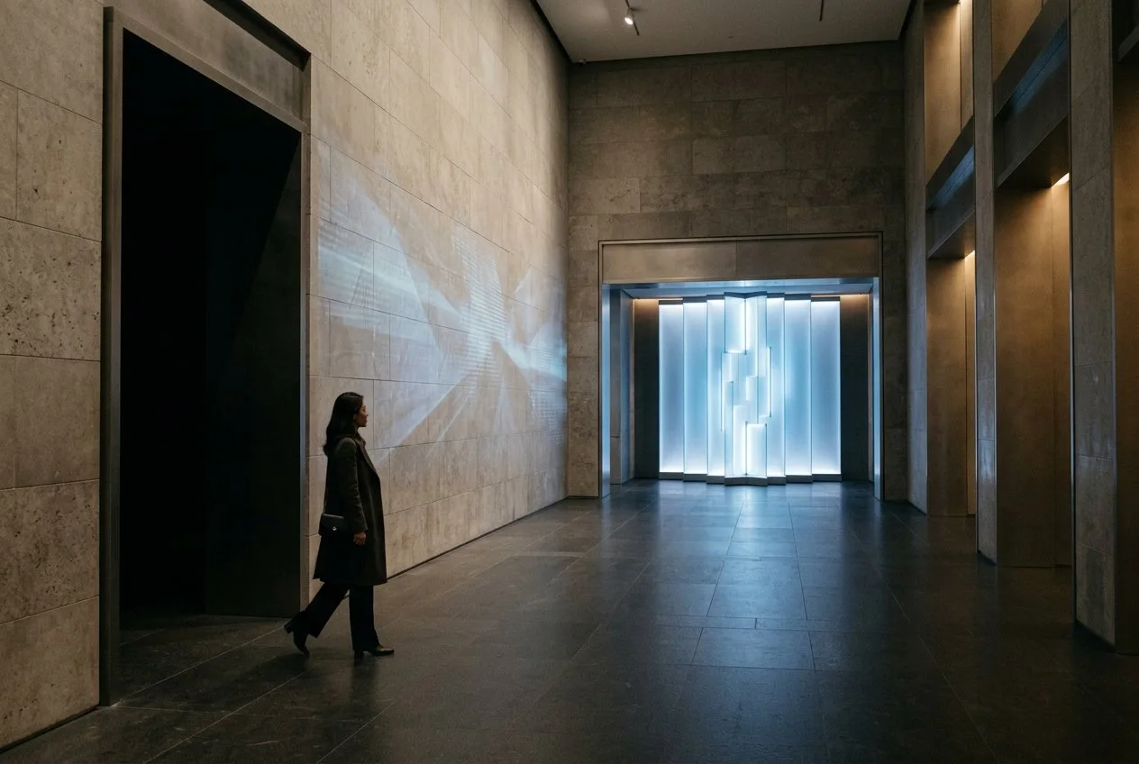 Person moving through an immersive environment designed around discovery and memory.