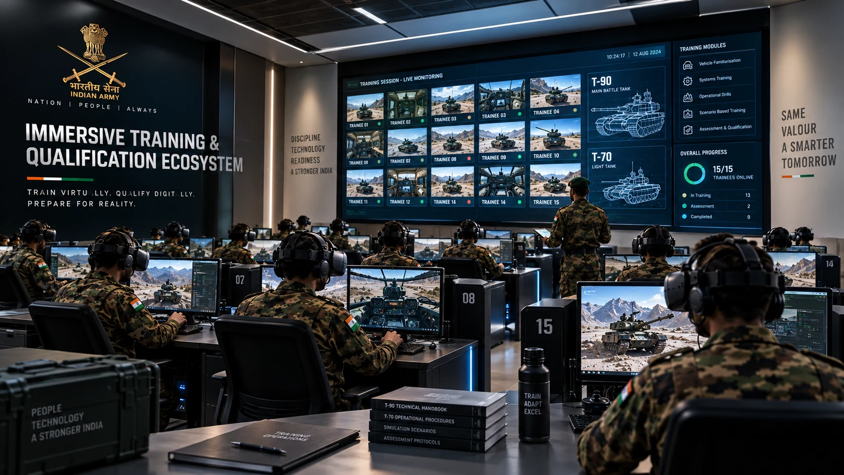 The immersive training room: rows of trainee stations with VR headsets facing the large central instructor display of the Immersive Training and Qualification Ecosystem