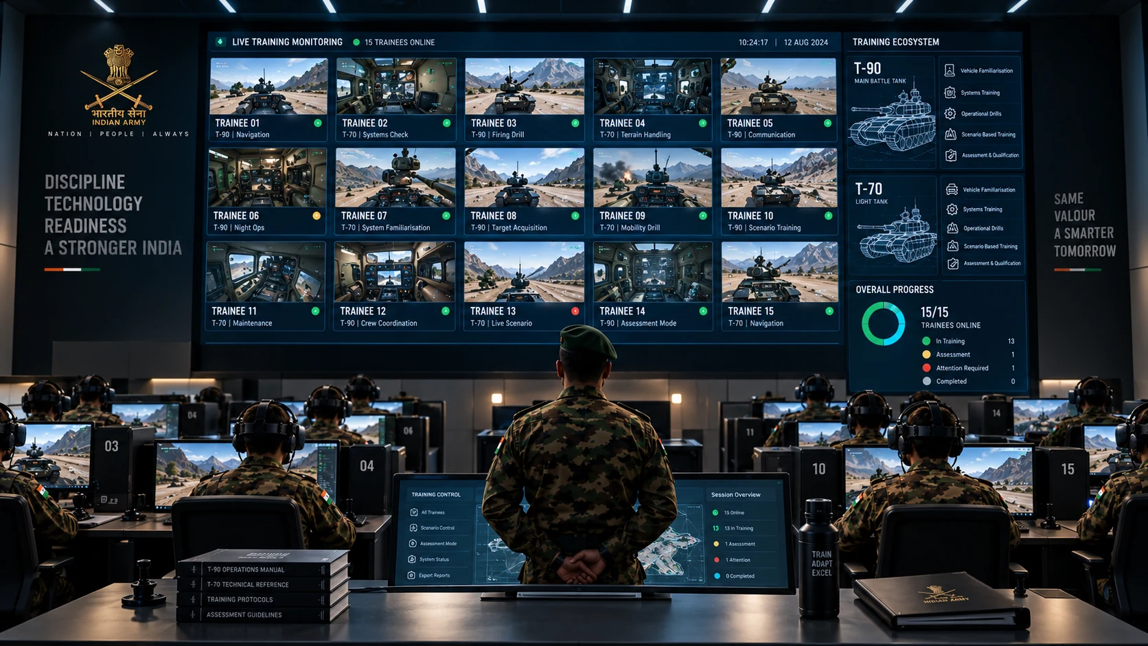 The trainer standing before the large central display, which shows a grid of every trainee's VR session alongside platform and session panels