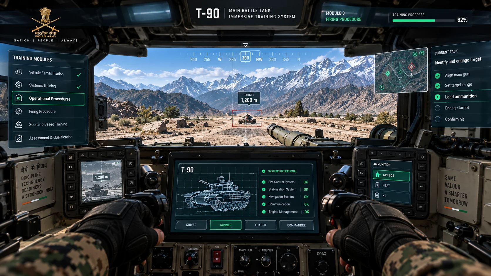 First-person view from inside the T-90 training environment: the crew position and viewport looking out over mountainous terrain
