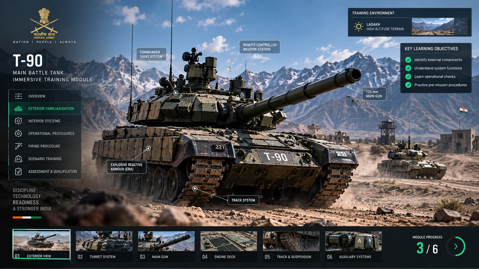 The T-90 in the immersive training environment, framed by the training module panel