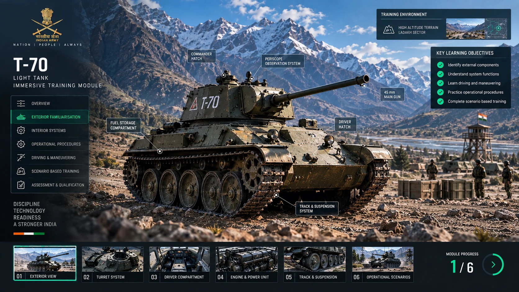 The T-70 in the immersive training environment on open terrain, with the training module panel visible