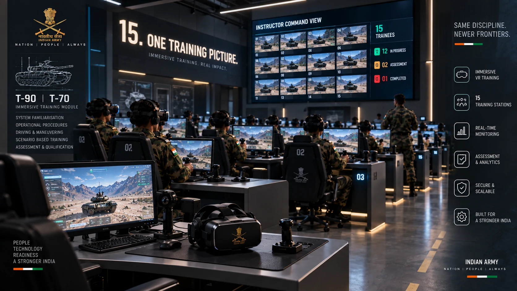 The dedicated training room: fifteen high-end computer stations with VR headsets arranged in rows before the large central instructor display