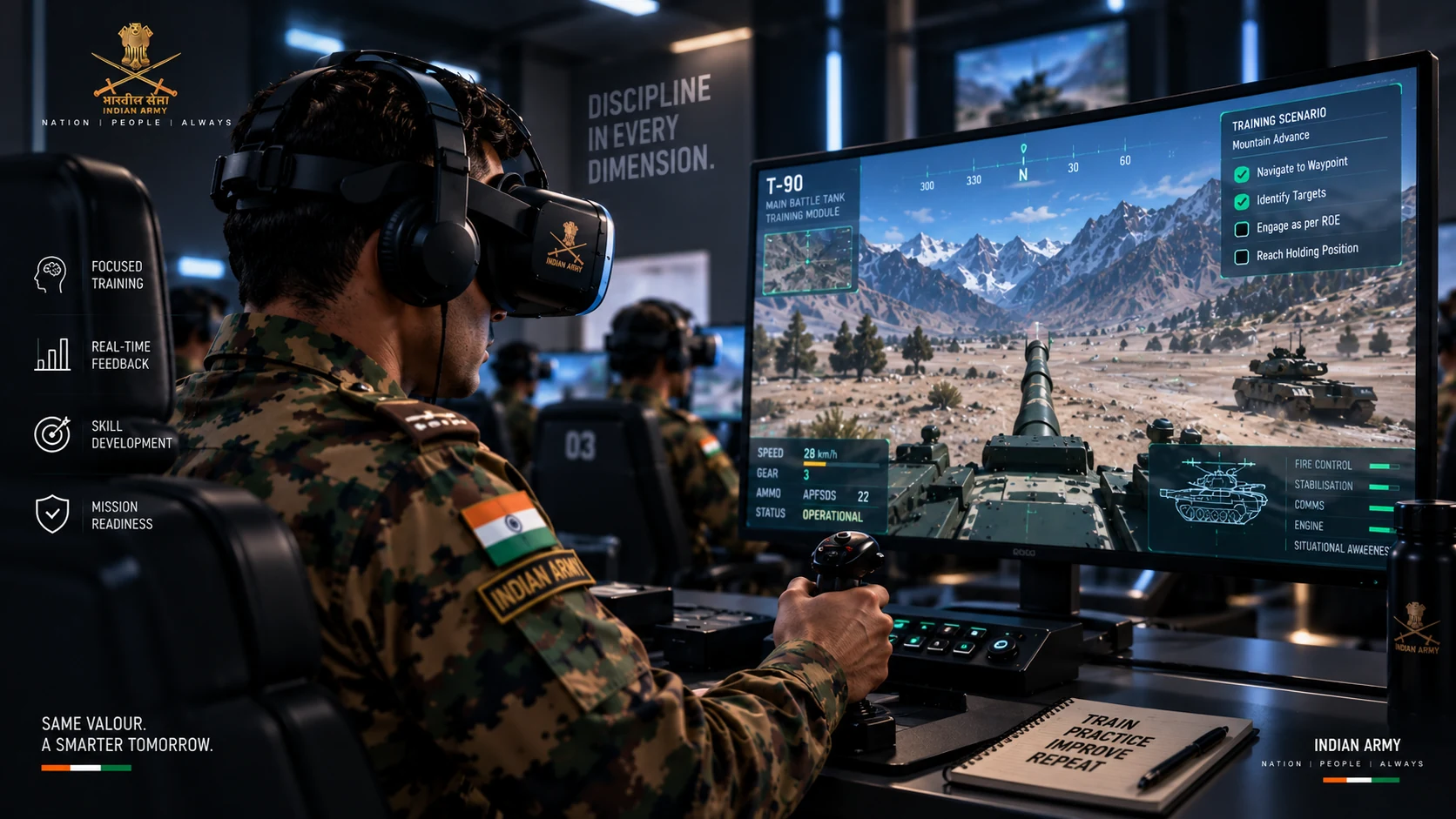 A trainee wearing a VR headset at a station, hands on the controls, with the training module on the monitor and the central display in the background