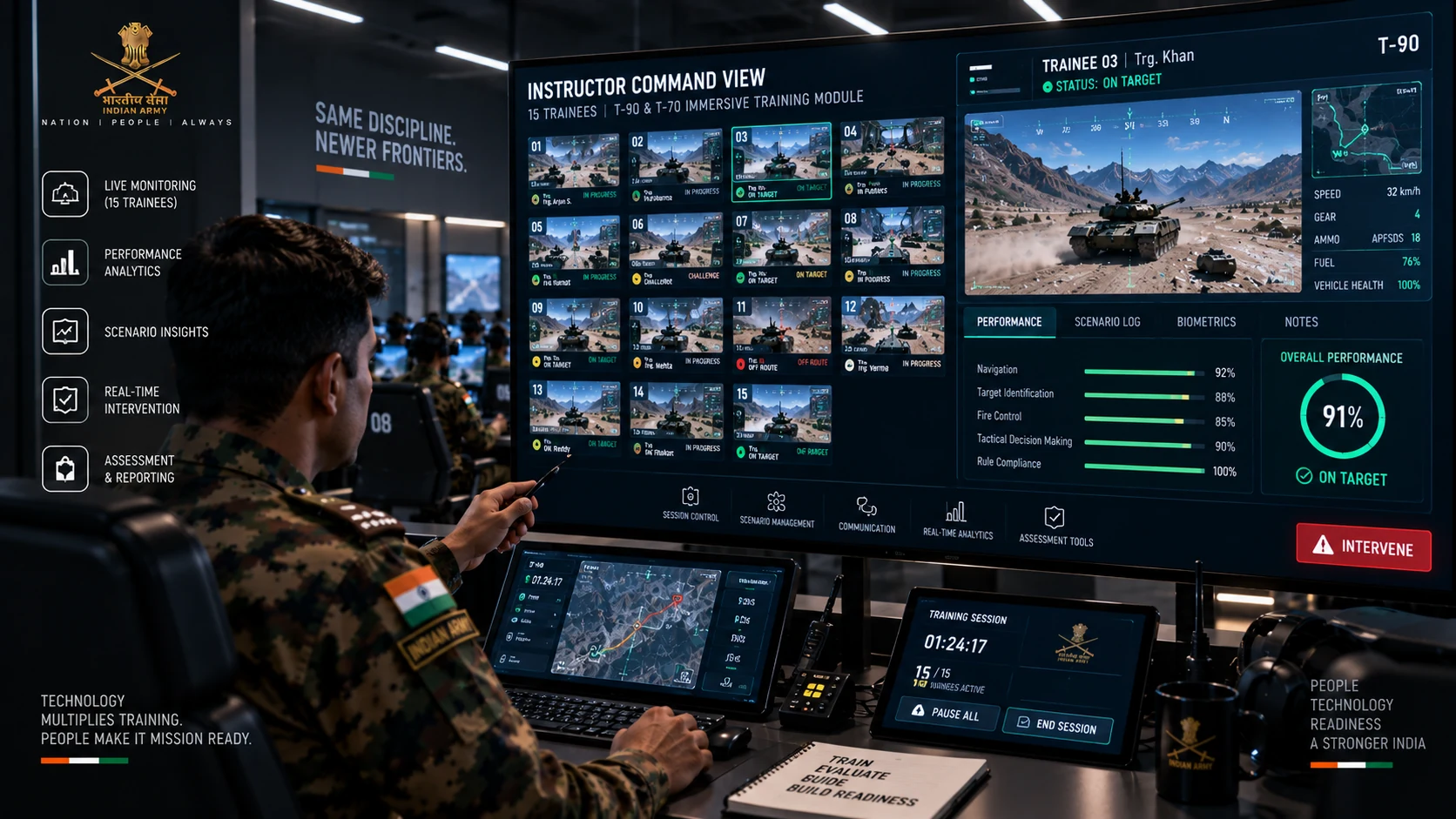 The trainer at the monitoring console reviewing an individual trainee's session on the command view, with the station grid beside it