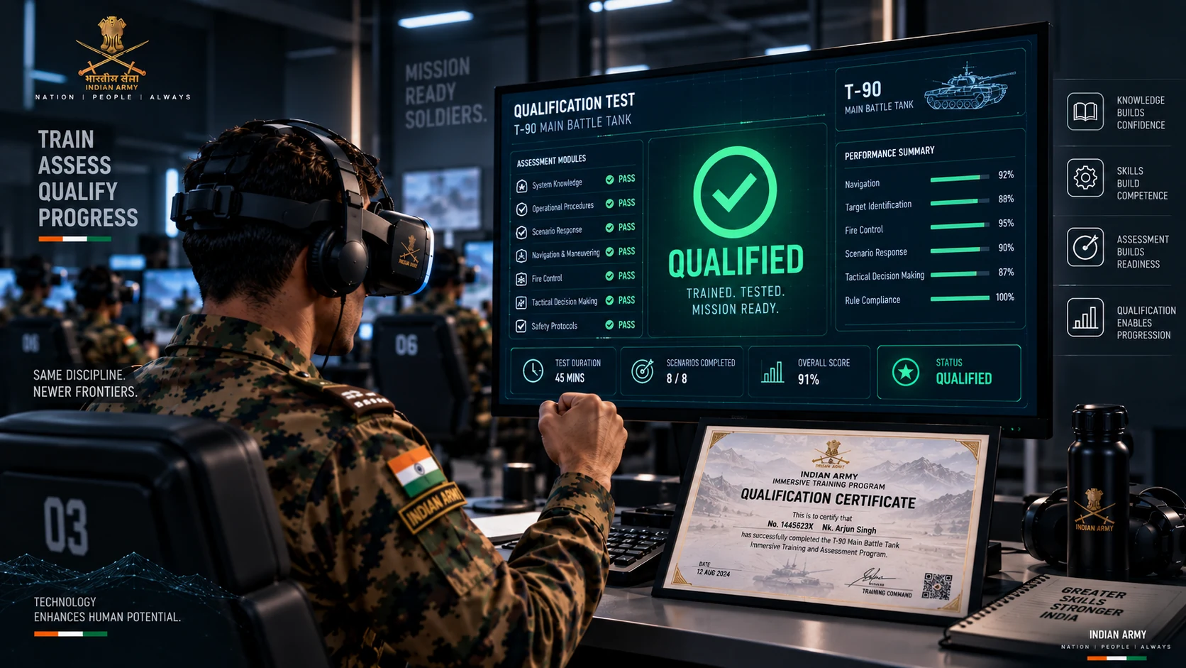 A trainee at a station looks up at the screen confirming a qualified result, with the central display in the background