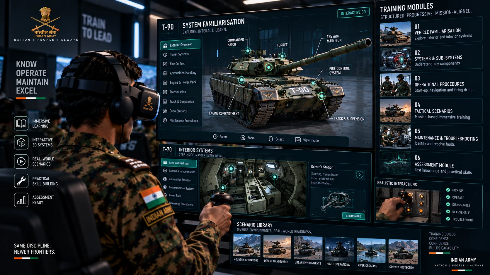 Close view of the training content structure on a station monitor beside the vehicle model