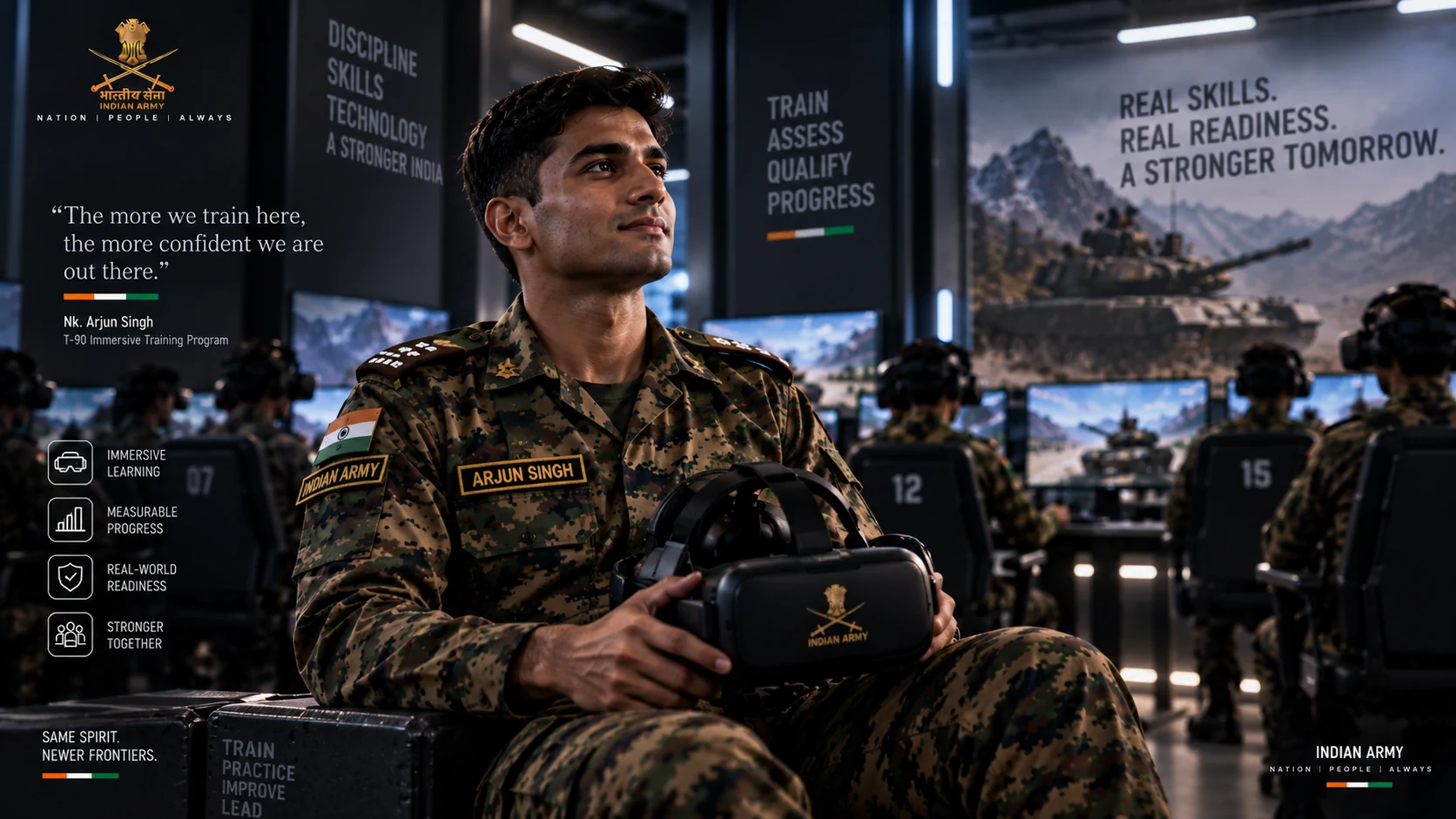 A trainee seated in the training room holding a VR headset, looking up, with the training wall behind