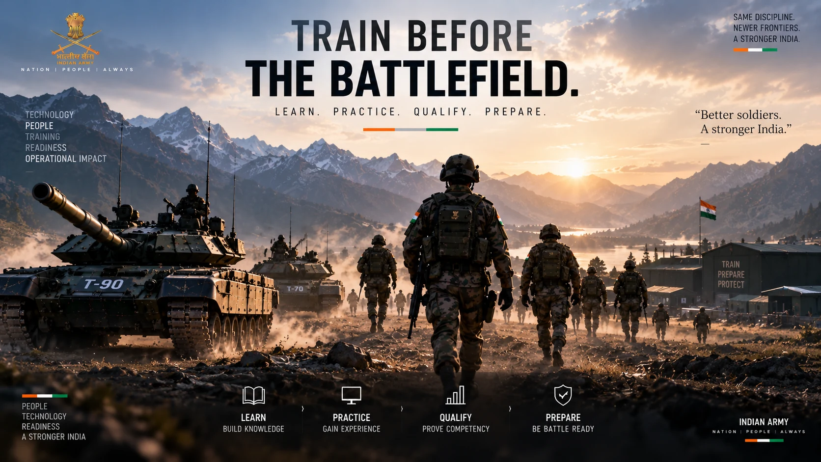 Closing frame: a tank and personnel on high-altitude terrain at dusk under the words 'Train before the battlefield'