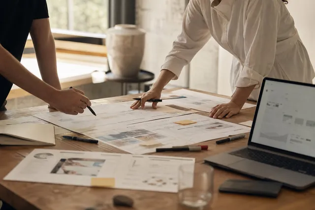 Design working session — layout prints and sketches reviewed across a workshop table