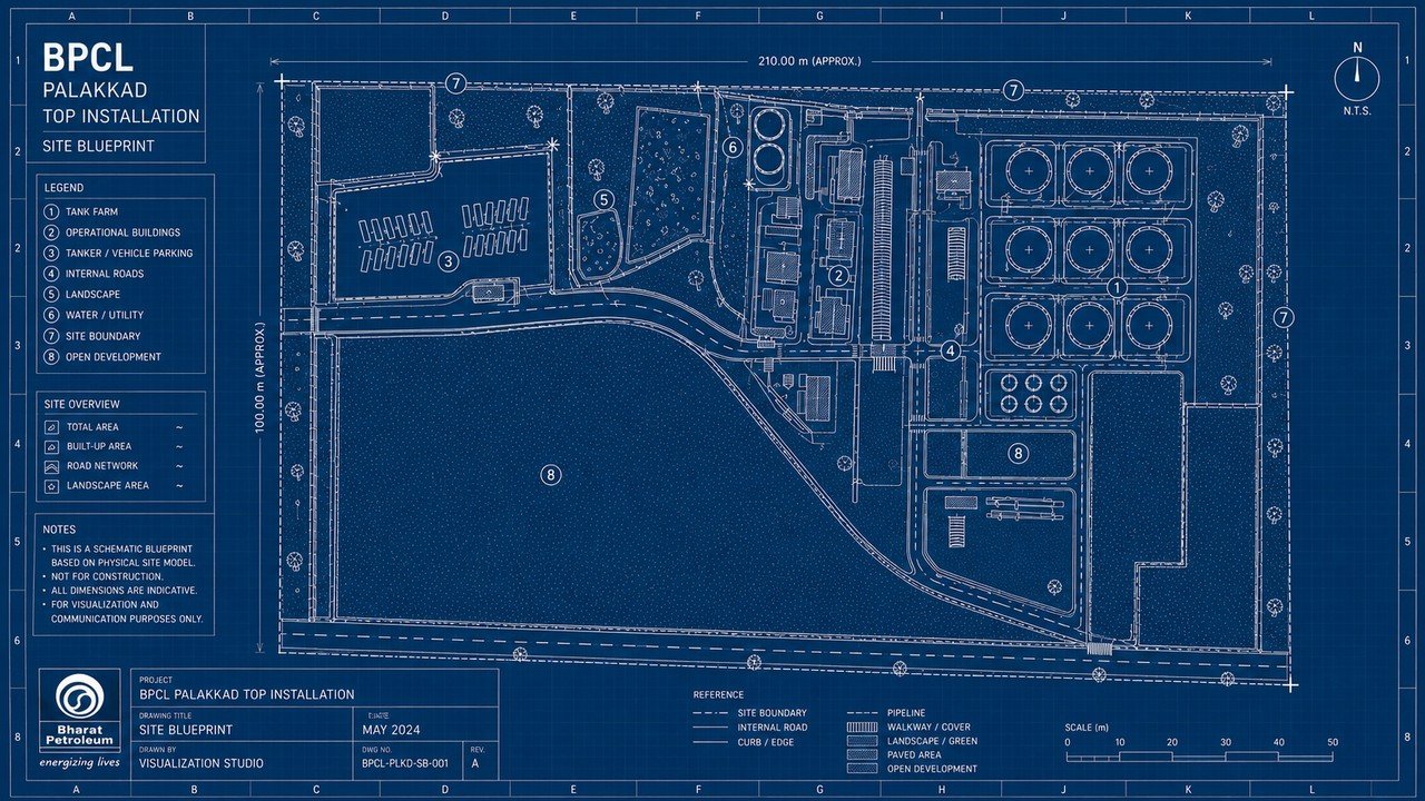 Technical blueprint of the Bharat Petroleum Corporation Limited Palakkad Top Installation showing the tank farm, internal roads, parking and site layout.