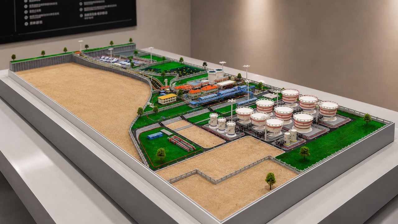 Physical miniature of the Bharat Petroleum Corporation Limited Palakkad Top Installation in daylight, showing the full site layout.