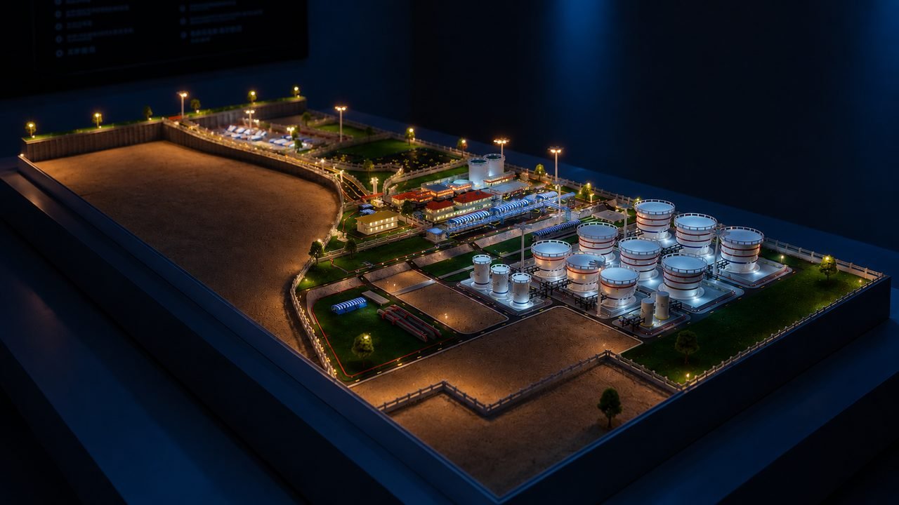 Physical miniature of the Bharat Petroleum Corporation Limited Palakkad Top Installation at night, its integrated lighting tracing the internal roads, tank farm and buildings.